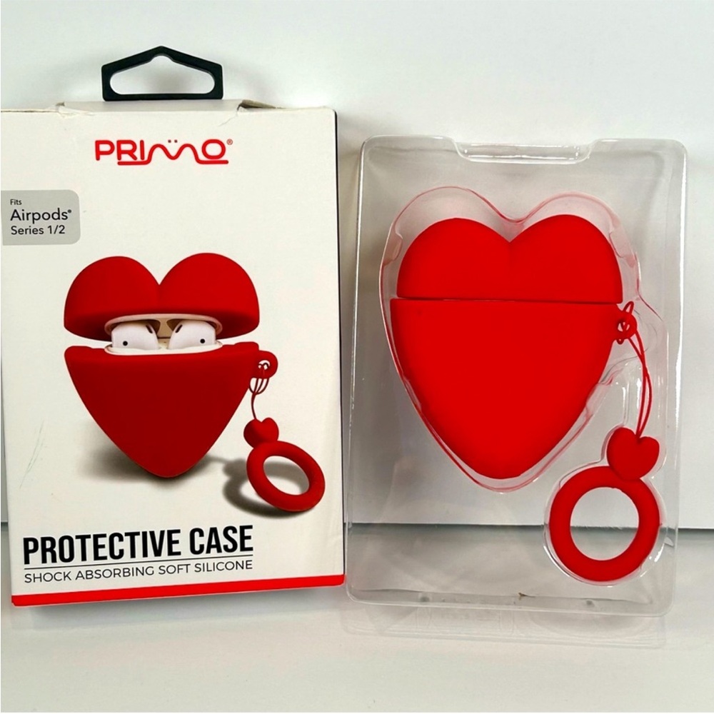 Apple AirPods White Wireless Earbuds Case and red heart plastic silicone cover